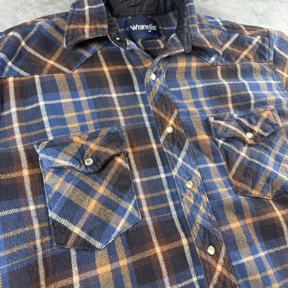 Wrangler Mens Blue Brown Plaid Western Pearl Snap Flannel Shirt Large Long Slv - Picture 2 of 9